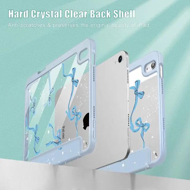 Alt view image 4 of 5 - Tuiklol Clear Case for iPad mini 7 (A17 Pro 7th Generation) 2024 / iPad mini 6 (6th Generation) 2021 8.3 Inch,Built-in Pencil Holder Slim Transparent Back Shell Cover Auto Wake/Sleep, Bow-Blue