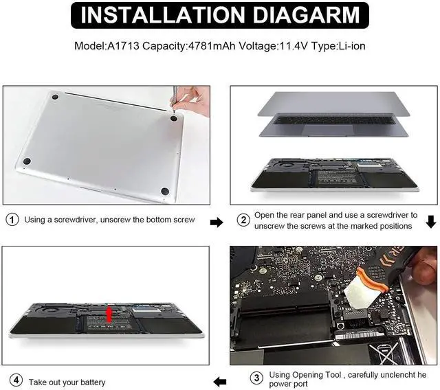 Alt view image 4 of 5 - A1708 A1713 Laptop Battery Replacement for MacBook Pro 13 Inch A1708 (Late 2016, Mid 2017, Mid 2019, 2020), EMC 2978 3164, A2171 Battery for MacBook Pro 13 Inch A2159 (2019) A2289 (2020) A2338 (2020)