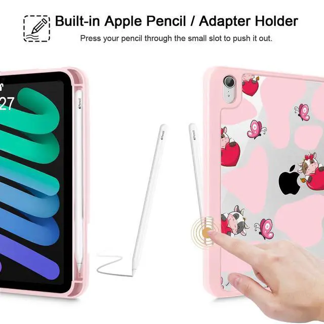 Alt view image 5 of 5 - Mektron Printed Case for iPad mini 7 (A17 Pro) 2024/ Mini 6 2021, iPad mini 7th/6th Generation Case, Buit in Pencil Holder with Clear Back Shell + Trifold Stand + Auto Wake/Sleep, Butterfly Cow