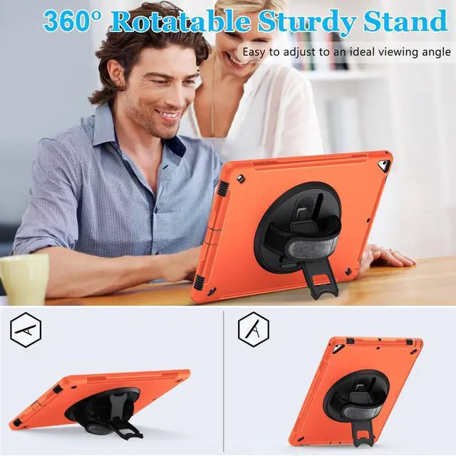 Alt view image 2 of 4 - Case for iPad Pro 12.9 2nd Generation 2017 & 2015 1st Generation, Heavy Duty Rugged Shockproof Protective Cover w/ 360° Rotatable Stand + Handle Hand & Shoulder Strap + Pencil Holder-Orange