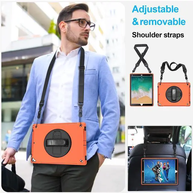 Alt view image 4 of 4 - Case for iPad Pro 12.9 2nd Generation 2017 & 2015 1st Generation, Heavy Duty Rugged Shockproof Protective Cover w/ 360° Rotatable Stand + Handle Hand & Shoulder Strap + Pencil Holder-Orange