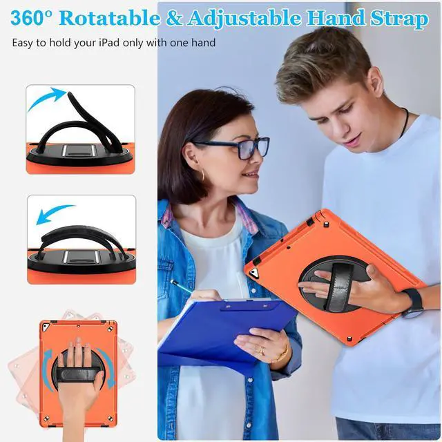 Alt view image 3 of 4 - Case for iPad Pro 12.9 2nd Generation 2017 & 2015 1st Generation, Heavy Duty Rugged Shockproof Protective Cover w/ 360° Rotatable Stand + Handle Hand & Shoulder Strap + Pencil Holder-Orange