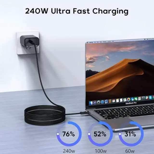 Alt view image 2 of 5 - Thunderbolt 5 Cable 6FT/2M, Long Braided USB C to USB C Cable 240W Charging,80Gbps Data Transfer,Up to 120Gbps Bandwidth for 16K/Dual 8K Displays, Compatible with Thunderbolt 4, USB4, and USBC, Black