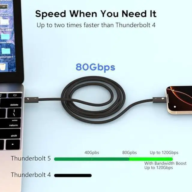 Alt view image 3 of 5 - Thunderbolt 5 Cable 6FT/2M, Long Braided USB C to USB C Cable 240W Charging,80Gbps Data Transfer,Up to 120Gbps Bandwidth for 16K/Dual 8K Displays, Compatible with Thunderbolt 4, USB4, and USBC, Black