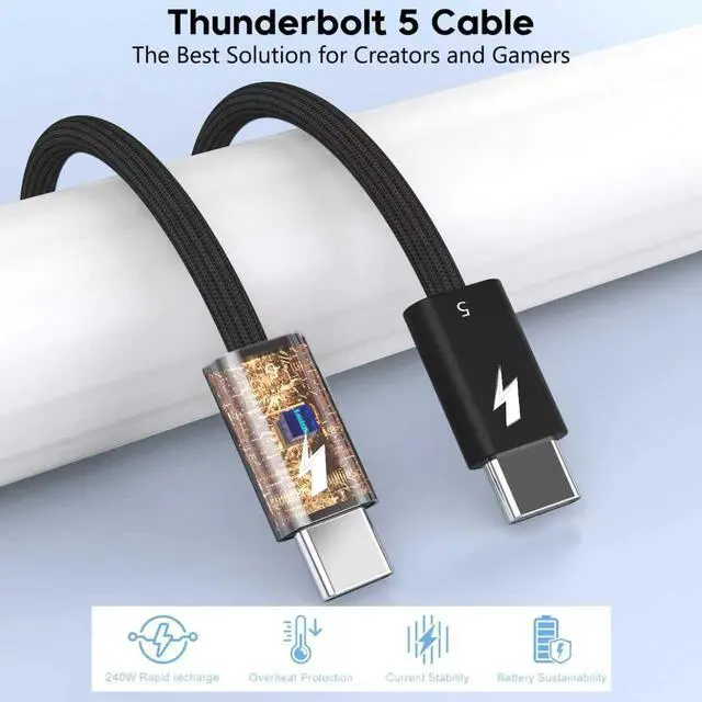 Alt view image 5 of 5 - Thunderbolt 5 Cable 6FT/2M, Long Braided USB C to USB C Cable 240W Charging,80Gbps Data Transfer,Up to 120Gbps Bandwidth for 16K/Dual 8K Displays, Compatible with Thunderbolt 4, USB4, and USBC, Black
