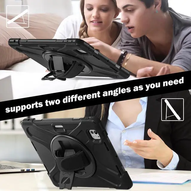 Alt view image 3 of 5 - ZenRich iPad Pro 11 inch Case (M4) 2024, Shockproof Heavy Duty Rugged Case for A2836 A2837 with 360°Rotating Kickstand/Hand Strap/Pencil Holder/Shoulder Strap, Black