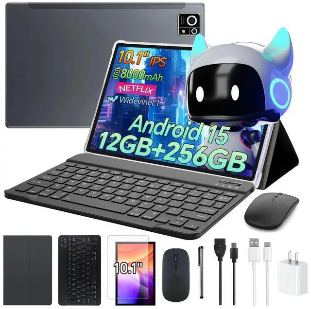 Main image of Android 15 10.1 inch Tablet M8 with Keyboard ,12GB+256GB Tablets, 8000mAh Battery, Octa-Core, Dual Camera, Widevine L1, 2.4/5Ghz Dual Band WiFi,5/13MP Cameras Bundle with Case, Mouse & Stylus (Grey)