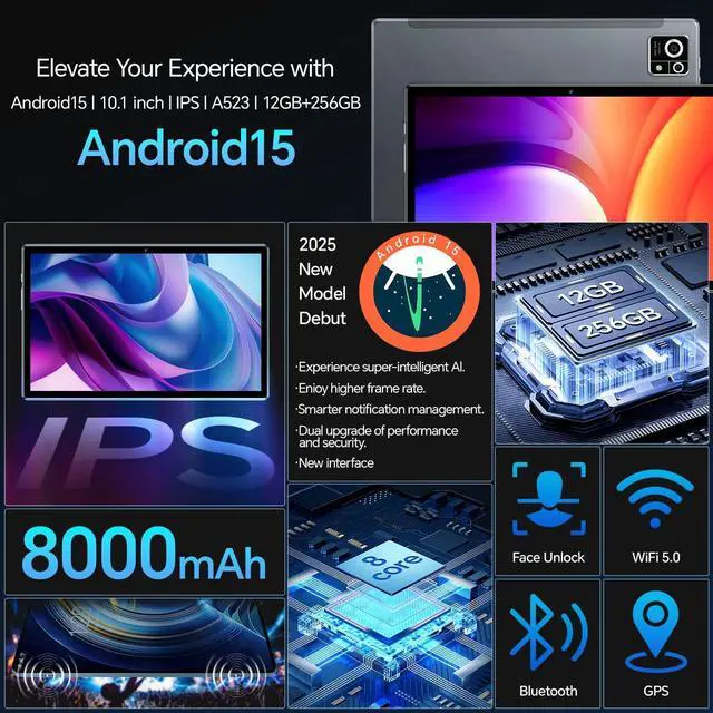Alt view image 3 of 5 - Android 15 10.1 inch Tablet M8 with Keyboard ,12GB+256GB Tablets, 8000mAh Battery, Octa-Core, Dual Camera, Widevine L1, 2.4/5Ghz Dual Band WiFi,5/13MP Cameras Bundle with Case, Mouse & Stylus (Grey)