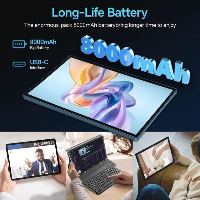 Alt view image 4 of 5 - Android 15 10.1 inch Tablet M8 with Keyboard ,12GB+256GB Tablets, 8000mAh Battery, Octa-Core, Dual Camera, Widevine L1, 2.4/5Ghz Dual Band WiFi,5/13MP Cameras Bundle with Case, Mouse & Stylus (Grey)