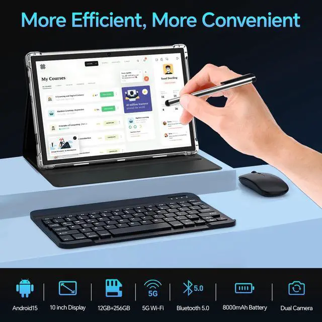 Alt view image 5 of 5 - Android 15 10.1 inch Tablet M8 with Keyboard ,12GB+256GB Tablets, 8000mAh Battery, Octa-Core, Dual Camera, Widevine L1, 2.4/5Ghz Dual Band WiFi,5/13MP Cameras Bundle with Case, Mouse & Stylus (Grey)