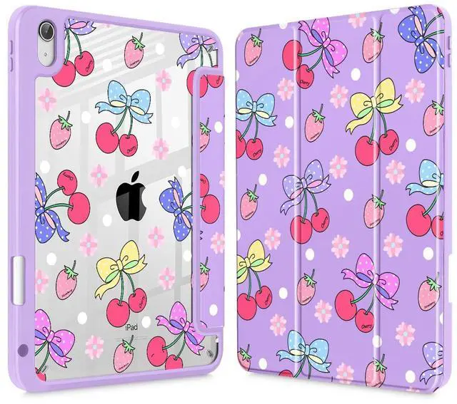 Main image of Tuiklol for 2025 iPad (A16 Chip) 11th Generation 11 inch/iPad 10th Gen 10.9 inch 2022 Case, Buit in Pencil Holder with Clear Back Shell Cover Trifold Stand Auto Wake/Sleep, Strawberry Cherry Purple