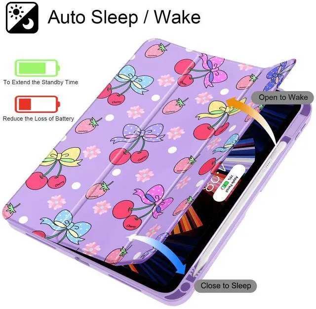 Alt view image 2 of 5 - Tuiklol for 2025 iPad (A16 Chip) 11th Generation 11 inch/iPad 10th Gen 10.9 inch 2022 Case, Buit in Pencil Holder with Clear Back Shell Cover Trifold Stand Auto Wake/Sleep, Strawberry Cherry Purple