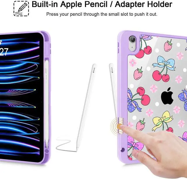 Alt view image 4 of 5 - Tuiklol for 2025 iPad (A16 Chip) 11th Generation 11 inch/iPad 10th Gen 10.9 inch 2022 Case, Buit in Pencil Holder with Clear Back Shell Cover Trifold Stand Auto Wake/Sleep, Strawberry Cherry Purple