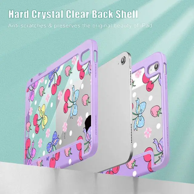 Alt view image 3 of 5 - Tuiklol for 2025 iPad (A16 Chip) 11th Generation 11 inch/iPad 10th Gen 10.9 inch 2022 Case, Buit in Pencil Holder with Clear Back Shell Cover Trifold Stand Auto Wake/Sleep, Strawberry Cherry Purple