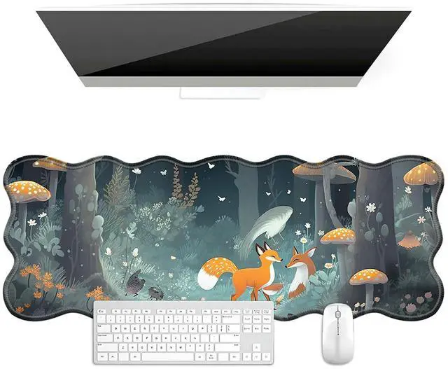 Main image of BFDHGQZC Foxes Mushrooms Desk Mat Large Mouse Pad 31.5"x11.8" Desk Rubber Base Mousepad with Stitched Edges Big Desk Pad for Work,Game,Office,Home