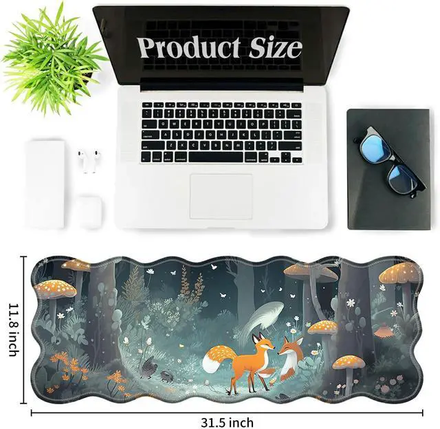 Alt view image 2 of 5 - BFDHGQZC Foxes Mushrooms Desk Mat Large Mouse Pad 31.5"x11.8" Desk Rubber Base Mousepad with Stitched Edges Big Desk Pad for Work,Game,Office,Home