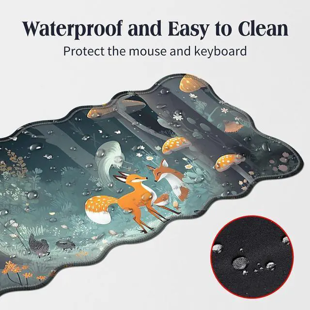 Alt view image 3 of 5 - BFDHGQZC Foxes Mushrooms Desk Mat Large Mouse Pad 31.5"x11.8" Desk Rubber Base Mousepad with Stitched Edges Big Desk Pad for Work,Game,Office,Home