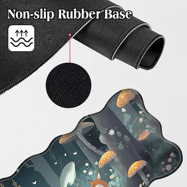 Alt view image 4 of 5 - BFDHGQZC Foxes Mushrooms Desk Mat Large Mouse Pad 31.5"x11.8" Desk Rubber Base Mousepad with Stitched Edges Big Desk Pad for Work,Game,Office,Home