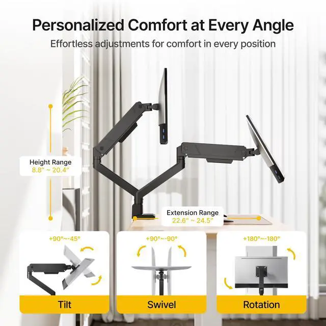 Alt view image 3 of 5 - monTEK Dual Monitor Mount Monitor Arms for 2 Monitors for 17 to 35 Inch Curved Screen Holds 35 Lbs Adjustable Heavy Duty Monitor Desk Mount Cable Management, VESA 75/100mm,MA1007BK-D