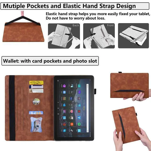 Alt view image 4 of 5 - UUcovers Case for Kindle Fire HD 8 & 8 Plus Tablet (10th Generation, 2020 Release) Slim Folding Stand Cover with Auto Wake/Sleep [Pencil Holder/Inner Card Slots/Front File Pocket/Elastic Band], Brown
