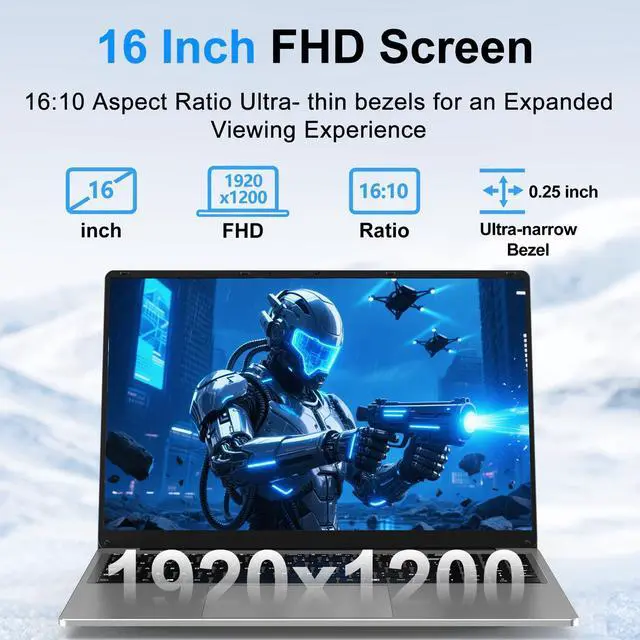 Alt view image 3 of 5 - CHIFUYOU Gaming Laptop, 2025 16 Inch Office 365 Laptop Computer, N150 Processor (4C/4T, Up to 3.6GHz),16GB RAM 1TB SSD, WiFi 5,BT4.2,16" FHD 1920x1200(16:10), Backlit Keyboard, Gray