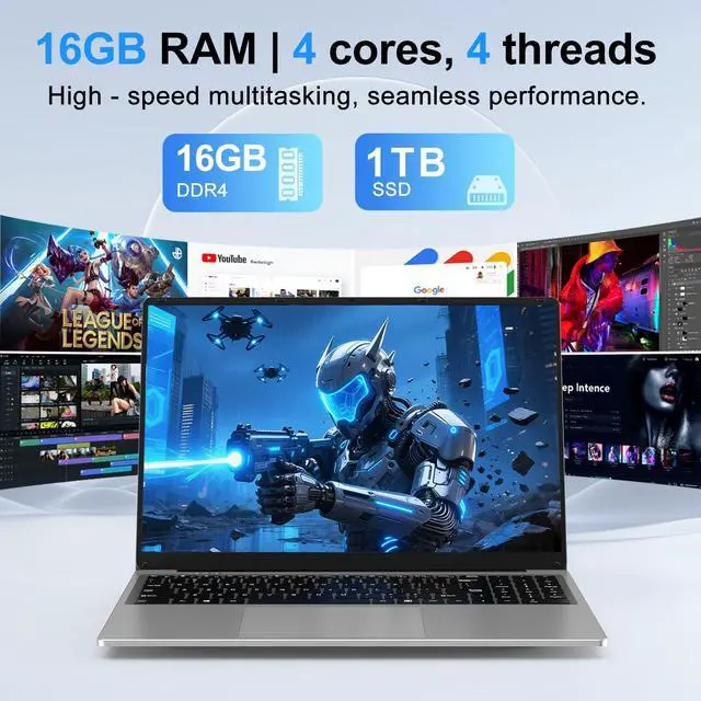 Alt view image 4 of 5 - CHIFUYOU Gaming Laptop, 2025 16 Inch Office 365 Laptop Computer, N150 Processor (4C/4T, Up to 3.6GHz),16GB RAM 1TB SSD, WiFi 5,BT4.2,16" FHD 1920x1200(16:10), Backlit Keyboard, Gray