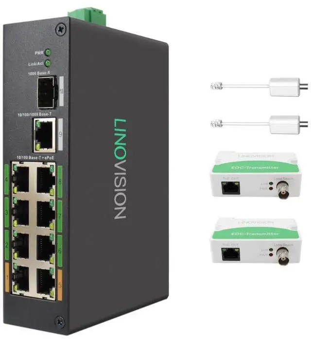 Main image of LINOVISION Industrial 8-Port EOC & POE Switch with 2pcs EOC Transmitters, Long Reach PoE Over Coax or UTP Cable, Simplified Wiring, Upgrading Analog System to IP Surveillance System