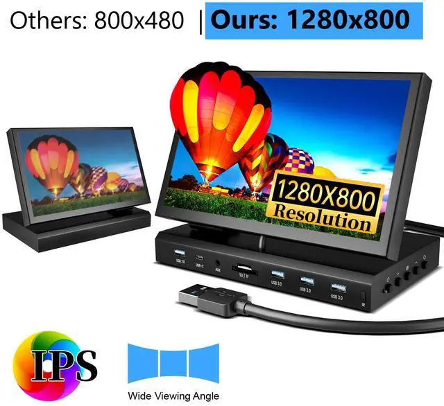 Alt view image 2 of 5 - 10.1" Small Monitor for PC Raspberry Pi, 1280x720 IPS Mini Monitor Multi-Port Docking Station Built-in USB Hub &Dual Speakers, Raspberry Pi Display for DIY Projects,Gaming & Aida64 CPU GPU Monitoring