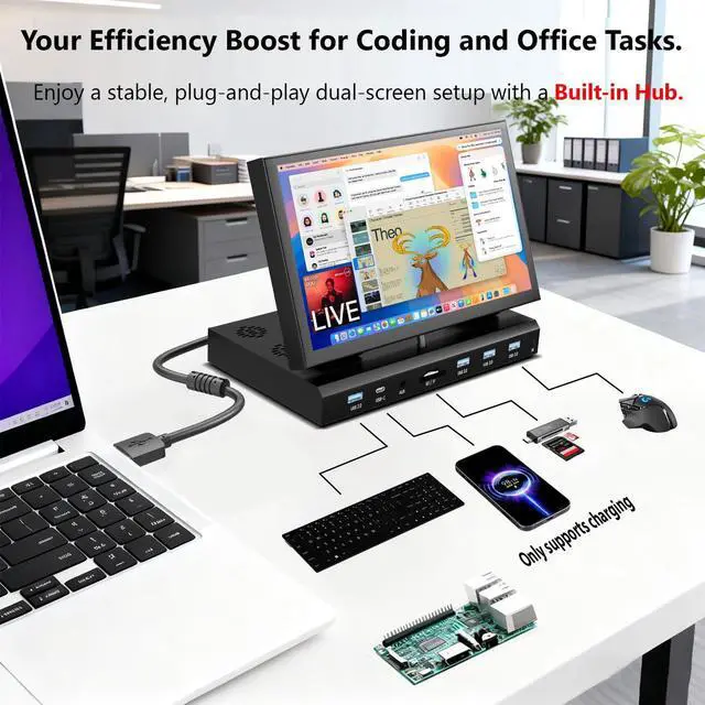 Alt view image 4 of 5 - 10.1" Small Monitor for PC Raspberry Pi, 1280x720 IPS Mini Monitor Multi-Port Docking Station Built-in USB Hub &Dual Speakers, Raspberry Pi Display for DIY Projects,Gaming & Aida64 CPU GPU Monitoring