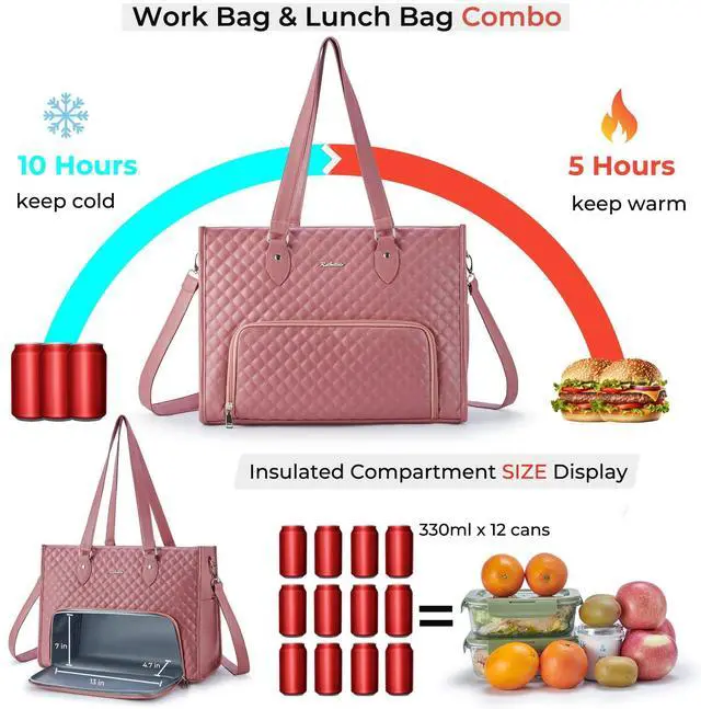 Alt view image 2 of 5 - Ralnitote Laptop Tote Bag with Insulated Lunch Compartment for Women, PU Leather 15.6 Inch Work Bag, Elegant Computer Handbag, Versatile Business Tote for Office,Travel or Casual-Mauve Pink