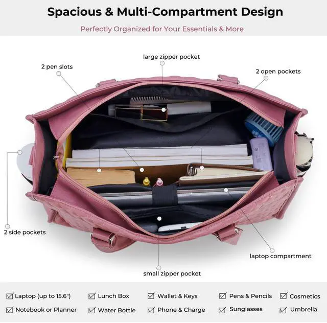 Alt view image 4 of 5 - Ralnitote Laptop Tote Bag with Insulated Lunch Compartment for Women, PU Leather 15.6 Inch Work Bag, Elegant Computer Handbag, Versatile Business Tote for Office,Travel or Casual-Mauve Pink