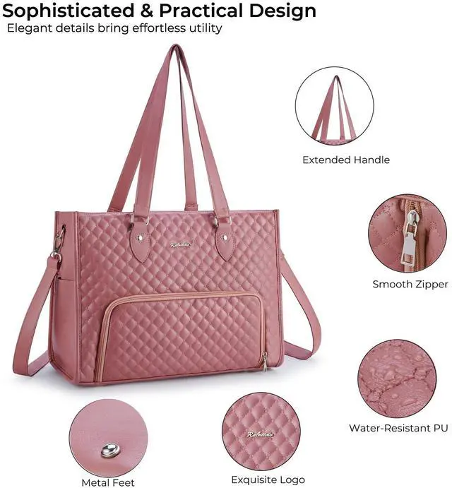 Alt view image 5 of 5 - Ralnitote Laptop Tote Bag with Insulated Lunch Compartment for Women, PU Leather 15.6 Inch Work Bag, Elegant Computer Handbag, Versatile Business Tote for Office,Travel or Casual-Mauve Pink