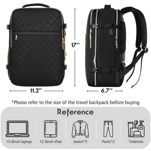 Alt view image 2 of 5 - MOMUVO Travel Backpack for Women, Carry On Backpack Airline Approved, 15.6 Inch Laptop Backpack with USB Charging Port, Casual Daypack for Weekender Business College, Black
