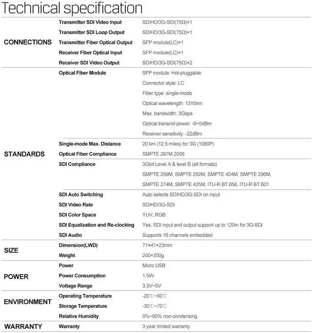 Alt view image 5 of 5 - AVMATRIX FE1121 3G/HD SDI Fiber Optical Extender with SFP Module (LC Port), Supports 3Gbit Level A & Level B (All formats), Single-Mode Fiber Uncompressed No Losses No Latency 20Km