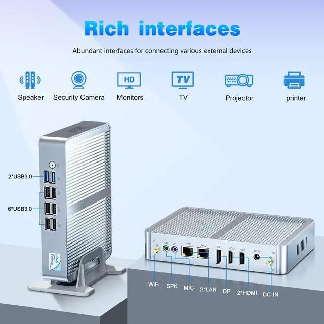Alt view image 2 of 5 - HAICOTECH Fanless Mini PC, 12th Gen N100 Desktop Computer, 16G RAM 512G SSD Firewall Router Office Computer 0 Noise, 8 USB, Dual LAN/HDMI, DP, 4K Triple Display Output, Win-11 Pro