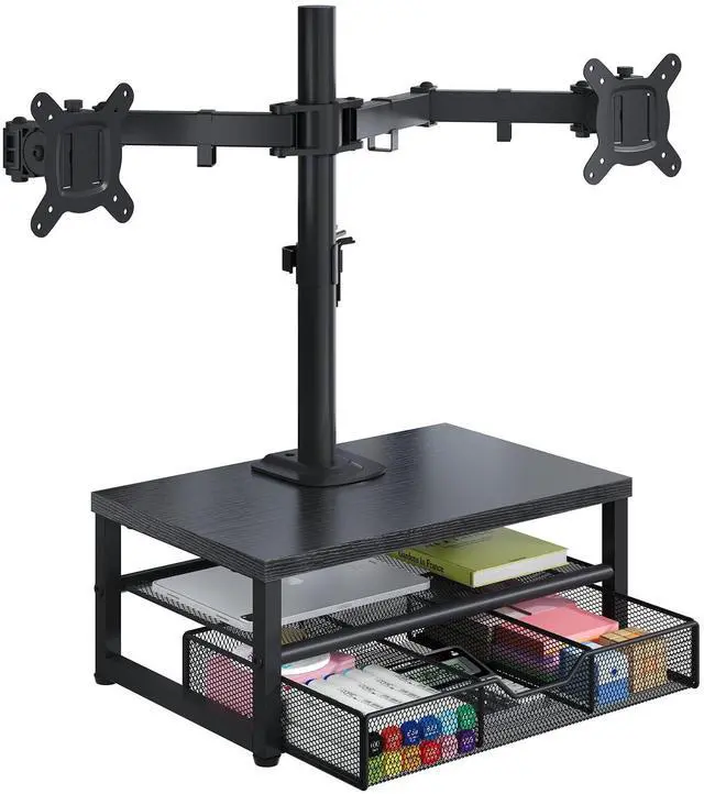 Main image of Dual Monitor Stand with Desk Organizer, Heavy Duty VESA Dual Monitor Arm Mount for 13-27 Computer Screens, Free-Standing Monitor Arms for 2 Monitors, Adjustable Height Angle, Loads 20Lbs/Arm, Black