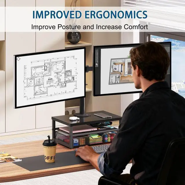 Alt view image 3 of 5 - Dual Monitor Stand with Desk Organizer, Heavy Duty VESA Dual Monitor Arm Mount for 13-27 Computer Screens, Free-Standing Monitor Arms for 2 Monitors, Adjustable Height Angle, Loads 20Lbs/Arm, Black