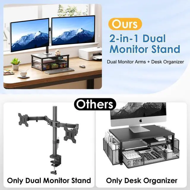 Alt view image 2 of 5 - Dual Monitor Stand with Desk Organizer, Heavy Duty VESA Dual Monitor Arm Mount for 13-27 Computer Screens, Free-Standing Monitor Arms for 2 Monitors, Adjustable Height Angle, Loads 20Lbs/Arm, Black