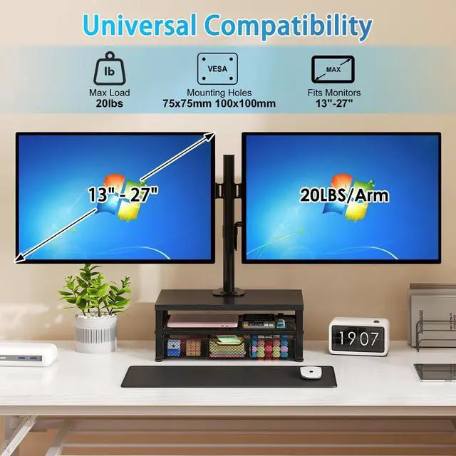 Alt view image 5 of 5 - Dual Monitor Stand with Desk Organizer, Heavy Duty VESA Dual Monitor Arm Mount for 13-27 Computer Screens, Free-Standing Monitor Arms for 2 Monitors, Adjustable Height Angle, Loads 20Lbs/Arm, Black