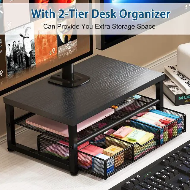 Alt view image 4 of 5 - Dual Monitor Stand with Desk Organizer, Heavy Duty VESA Dual Monitor Arm Mount for 13-27 Computer Screens, Free-Standing Monitor Arms for 2 Monitors, Adjustable Height Angle, Loads 20Lbs/Arm, Black