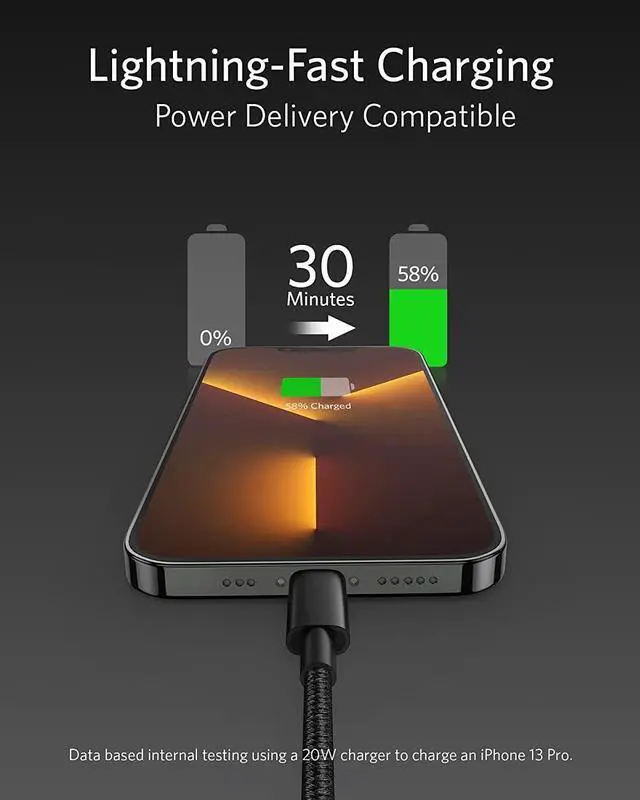 Alt view image 2 of 5 - Anker 6ft Nylon USB-C to Lightning Cable, MFi Certified, Fast Charging, Compatible with iPhone 13, 12, 11 Series & More, Includes Anker PowerLine II Lightning Cable & Nano Power Bank