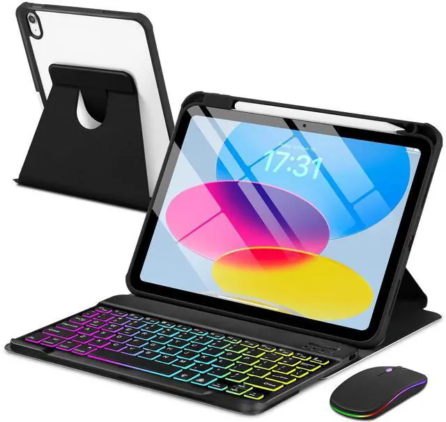 Main image of EAMPANG Case with Keyboard Mouse for iPad A16 11th 10th Generation 11/10.9 inch,Rainbow Backlit Detachable Keypad Rotatable Magnetic Cover with Pencil Holder for iPad 11 2025 10 Gen 2022 Black