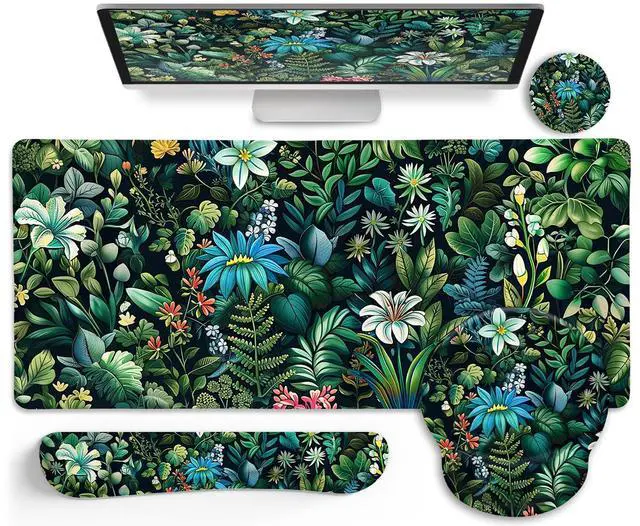 Main image of LIMKRIAN Floral Mouse Pad Large Desk Mat Set, Green Ergonomic Mouse Pad with Wrist Rest Keyboard Wrist Support XXL Mousepad Cup Coaster Set, Cute Green Office Desk Accessories Decor Supplies