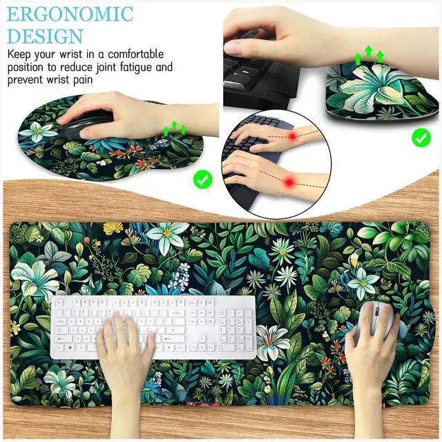 Alt view image 3 of 5 - LIMKRIAN Floral Mouse Pad Large Desk Mat Set, Green Ergonomic Mouse Pad with Wrist Rest Keyboard Wrist Support XXL Mousepad Cup Coaster Set, Cute Green Office Desk Accessories Decor Supplies