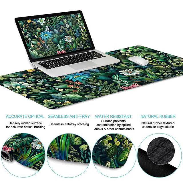 Alt view image 4 of 5 - LIMKRIAN Floral Mouse Pad Large Desk Mat Set, Green Ergonomic Mouse Pad with Wrist Rest Keyboard Wrist Support XXL Mousepad Cup Coaster Set, Cute Green Office Desk Accessories Decor Supplies