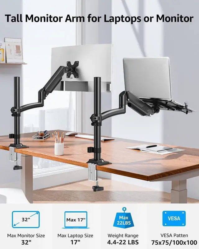 Alt view image 2 of 5 - MOUNTUP Laptop Desk Mount, Adjustable Laptop Stand for max 17" Notebook or 32" Monitor, Laptops Arm Mount for Desk Holds 4.4-22lbs, Tall Laptops Stand with Clamp/Grommet