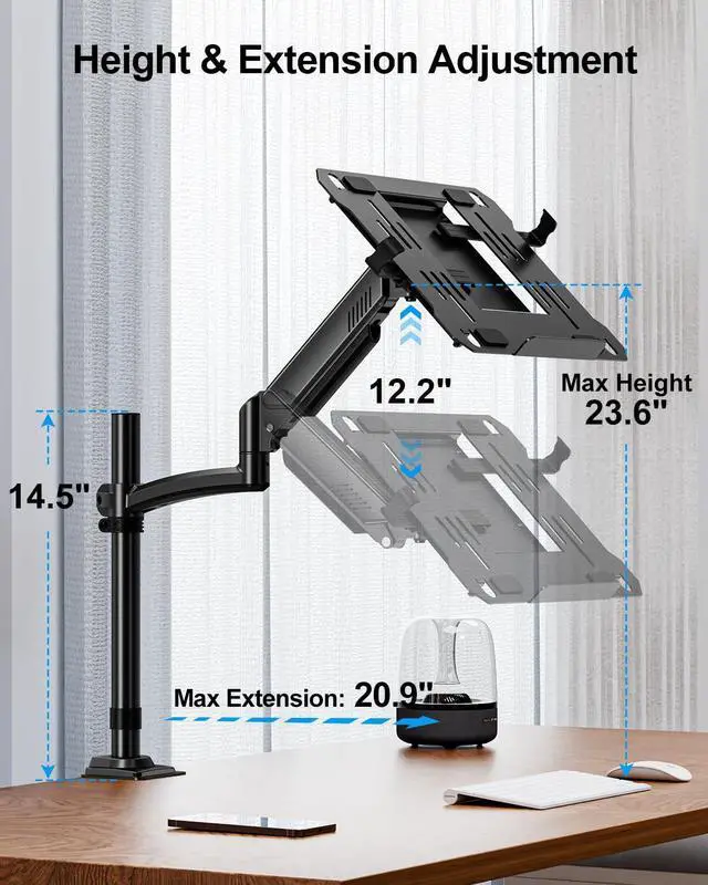 Alt view image 3 of 5 - MOUNTUP Laptop Desk Mount, Adjustable Laptop Stand for max 17" Notebook or 32" Monitor, Laptops Arm Mount for Desk Holds 4.4-22lbs, Tall Laptops Stand with Clamp/Grommet