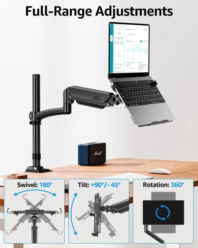 Alt view image 4 of 5 - MOUNTUP Laptop Desk Mount, Adjustable Laptop Stand for max 17" Notebook or 32" Monitor, Laptops Arm Mount for Desk Holds 4.4-22lbs, Tall Laptops Stand with Clamp/Grommet