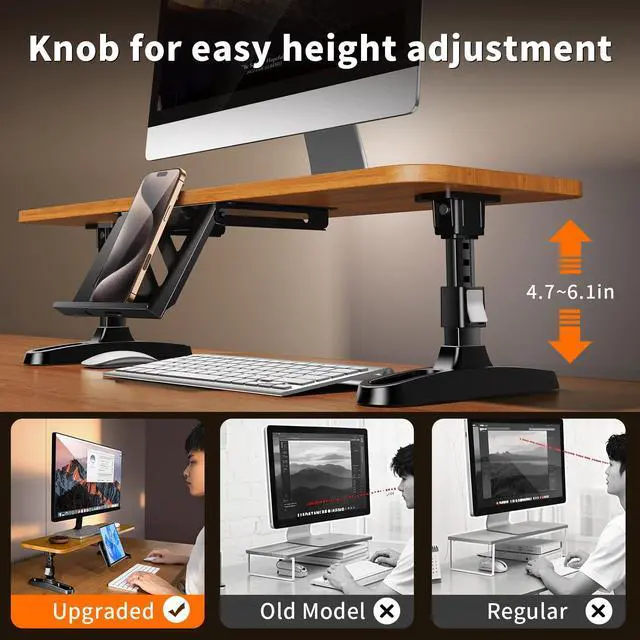 Alt view image 3 of 5 - NIFBANG Wooden Monitor Stand Riser for Desk,Adjustable Height Monitor Shelf Riser with Phone Holder,Desk Storage Organizer Accessories,Wood Computer Screen Stands for Office,Home,Laptop,Printer,TV
