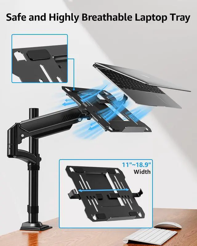 Alt view image 5 of 5 - MOUNTUP Laptop Desk Mount, Adjustable Laptop Stand for max 17" Notebook or 32" Monitor, Laptops Arm Mount for Desk Holds 4.4-22lbs, Tall Laptops Stand with Clamp/Grommet